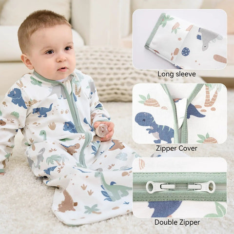 Cozy Cotton Baby Sleep Sack 6 To 12 Months 0.5 Tog Long Sleeve Wearable Blanket With Mittens 2 Way Zipper Infant Sleeping Sack Green Dinosaur