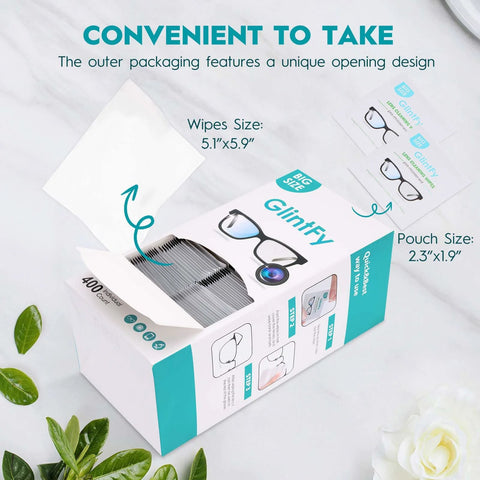 Front view of GlintFy lens wipes box with teal accents; 5.1×5.9 in, 400-count, individually packaged.