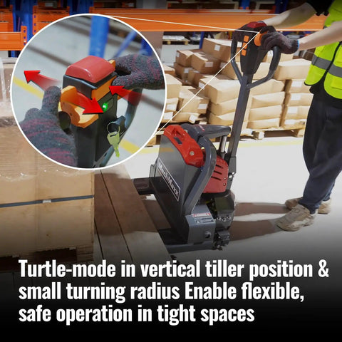 Heavy Duty Mechanics Electric Pallet Jack With 3300 Lbs Lift Capacity And Removable Lithium Ion Battery for maneuvering in tight warehouse spaces.