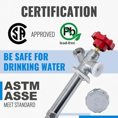CSA approved Frost Free Sillcock 8 Inch Length Anti Siphon Hydrant with no lead brass valve, safe for drinking water.