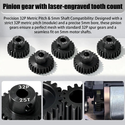 Beefy Hardened Steel Pinion Gear Set 32P 5mm Shaft 23T 24T 25T 26T 27T with M4 Screw and Hex Key for RC cars