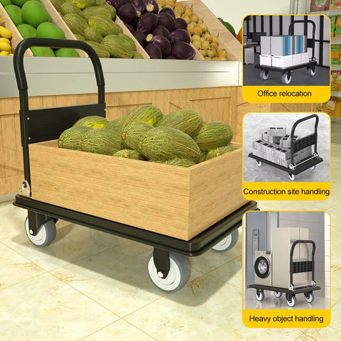 Heavy Duty Folding Push Cart With 1100 Pound Capacity Reinforced Platform Trolley with melons and 360-degree wheels in a grocery store setting.