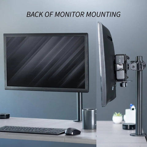 Slick And Durable Mini PC Mount Bracket Providing A Rock Solid VESA Under Desk And Monitor Arm Computer Holder For Thin Client CPU Docking Station No Sweat Setup Black mounted on monitor back.