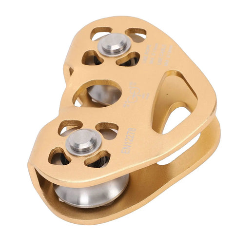 Sturdy Zipline Tandem Pulley Kit With Aluminum Alloy Frame And Stainless Steel Bearings For Backyard Zip Lines And Rope Rescue Dual Trolley High Speed And Smooth Operation 30kN Load Capacity, showcasing gold aluminum frame with visible bearings, front view