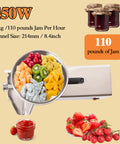 Top Shelf Commercial 450W Tomato Strainer Machine Crafted From Heavy Duty 304 Stainless Steel For Effortless Processing Of Juicy Sauves Soups And Rich Purees This Durable Vegetable Food Mill Press Is A Total Game Changer For Your Kitchen Setup, featuring fruits in a funnel and jars of jam.