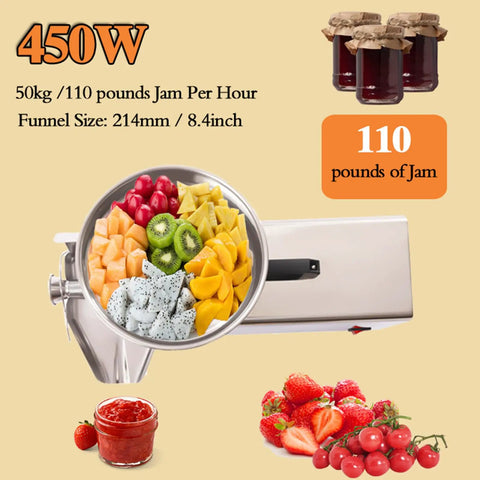 Top Shelf Commercial 450W Tomato Strainer Machine Crafted From Heavy Duty 304 Stainless Steel For Effortless Processing Of Juicy Sauves Soups And Rich Purees This Durable Vegetable Food Mill Press Is A Total Game Changer For Your Kitchen Setup, featuring fruits in a funnel and jars of jam.