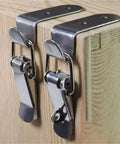 4 Pack 90 Degree Duck Mouth Hook Lock Hasp Set installed on wooden cabinet, silver metal spring latch, quick release draw closure.