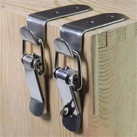 4 Pack 90 Degree Duck Mouth Hook Lock Hasp Set installed on wooden cabinet, silver metal spring latch, quick release draw closure.