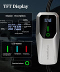 No Sweat Portable Level 1 And Level 2 EV Charger Delivers 32 Amp Boost Via J1772 Connector, showing TFT display with status indicators.