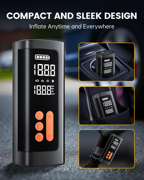 Portable On The Go Tire Inflator Air Pump With Digital Pressure Gauge And Auto Shutoff 3 To 150 PSI Fast Inflation display