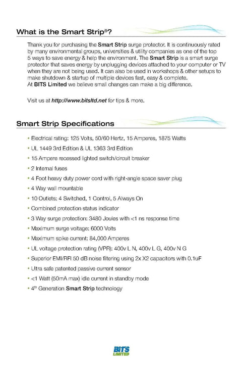 Energy Saving 10-Outlet Power Strip specifications and details overview on white background document