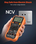 Hand holding All In One Digital Multimeter TRMS 6000 Count DC AC Voltmeter And Current Tester With NCV near outlet