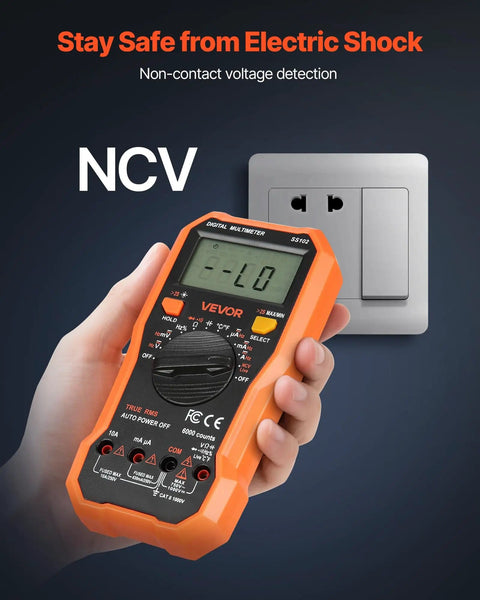 Hand holding All In One Digital Multimeter TRMS 6000 Count DC AC Voltmeter And Current Tester With NCV near outlet
