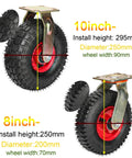 Heavy Duty Swivel Castor Wheels With Brake Trolley Replacement Caster Featuring Natural Rubber Pneumatic Tire, 10inch and 8inch sizes.