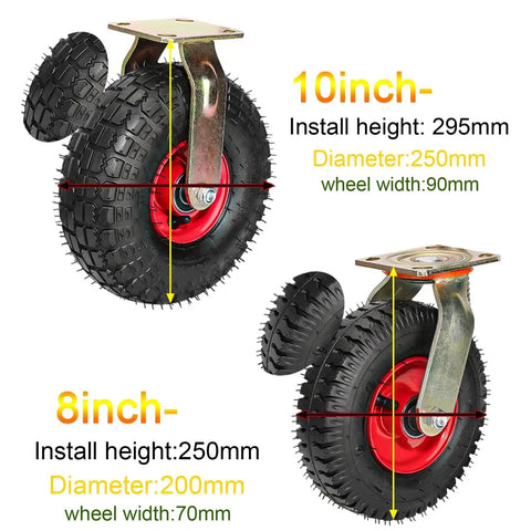 Heavy Duty Swivel Castor Wheels With Brake Trolley Replacement Caster Featuring Natural Rubber Pneumatic Tire, 10inch and 8inch sizes.