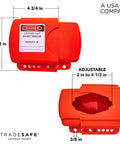 Adjustable Flanged Ball Valve Lockout For Two Inch To Four And One Half Inch Flanges Red Polypropylene Valve Lock For Gas Oil Or Water Lines Lockout Tagout Industrial Grade Built Tough dimensions shown with USA company note