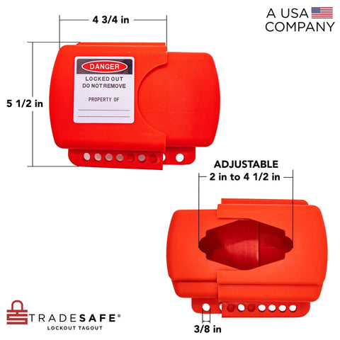 Adjustable Flanged Ball Valve Lockout For Two Inch To Four And One Half Inch Flanges Red Polypropylene Valve Lock For Gas Oil Or Water Lines Lockout Tagout Industrial Grade Built Tough dimensions shown with USA company note