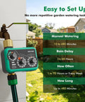 Three Dial Analog Sprinkler Timer With Brass Inlet And Outlet For Garden Hose on wall inlet showing manual settings and rain delay.