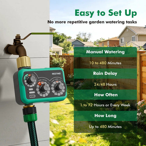 Three Dial Analog Sprinkler Timer With Brass Inlet And Outlet For Garden Hose on wall inlet showing manual settings and rain delay.