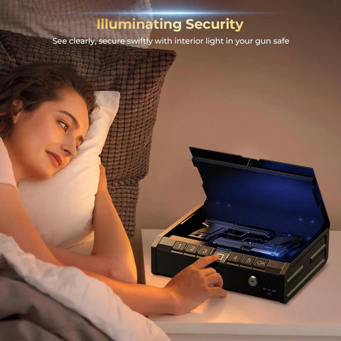 Person using Biometric Gun Safe With Fast Fingerprint Access And Keypad Interior Light Emergency Power Pistol Safe For Home Nightstand Car Easy Grab And Go Security Box For Handgun For Quick Secure Access Anytime next to bed with open lid and interior light.