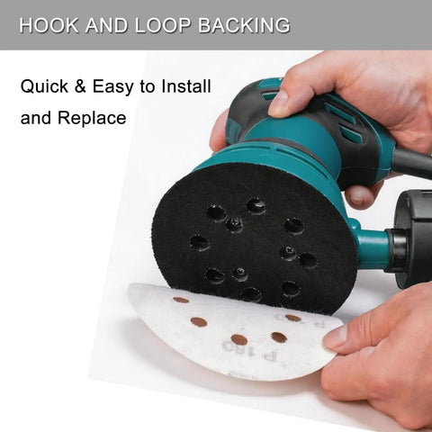 Applying 100 Pcs 5 Inch Sanding Discs Hook And Loop With 8 Holes Wet Dry Sandpaper Assortment on orbital sander