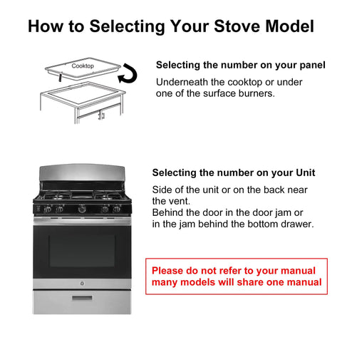 Diagram showing instructions for selecting your stove model, featuring 36 inch gas range and text guidance for GE ranges.