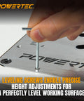 User adjusting leveling screws on POWERTEC router table for precise height adjustments on the aluminum insert plate.