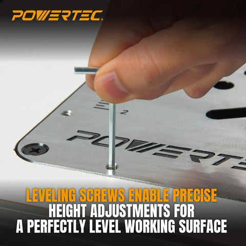 User adjusting leveling screws on POWERTEC router table for precise height adjustments on the aluminum insert plate.