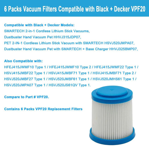 Six Pack VPF20 Replacement Filters For Black And Decker Smartech Pet 2 In 1 Stick Vacuum And Dustbuster Hand Vacuum Pet HSVJ520JMPA07 HHVJ315JDP07, pleated filter close-up