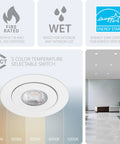 Built Tough 6 Inch Adjustable Round Led Recessed Downlight Kit Delivering 5 Cct Options 15 Watt 1350 Lumens showing color temperature options.