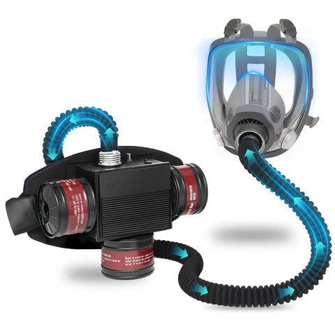 High Efficiency PAPR Respirator System With 170 L Per Minute Adjustable Airflow For Welding Spray Painting And Chemical Work Portable Powered Air Purifying Respirator With 3x 40mm Gas Mask Filters And Large Air Volume showing front view with mask and filters.