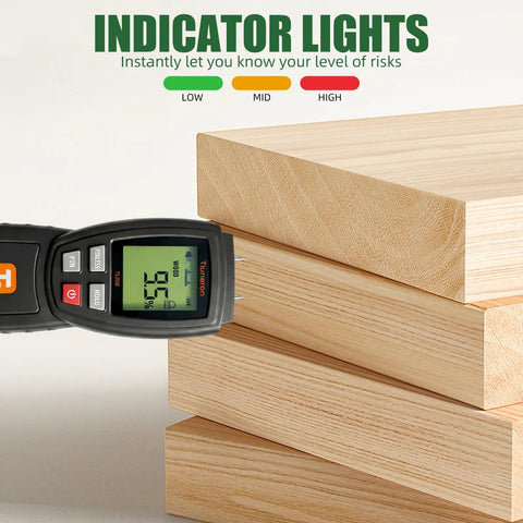 Dual Mode Moisture Meter For Wood And Building Materials Pin And Pinless 2 In 1 Moisture Detector With Backlight And Buzzer Digital Water Leak Tester For Hardwood Softwood Drywall And Masonry on stacked wood