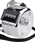 Use Heavy Duty Metal Tally Counter With Smooth Mechanical Clicker, Easy Read Four Digit Display, And Battery Free Handheld Counting Device That Is Straight Up Rock Solid For Daily Shop Tasks Without Battery Headaches Or Slowdowns, shown in chrome with a nylon strap.