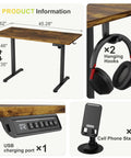 Electric Standing Desk With Sit Stand Design, 45 By 24 Inch Adjustable Height Home Office Desk, Rustic Brown, No Wobble Steel Frame