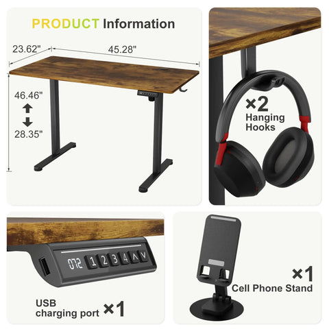 Electric Standing Desk With Sit Stand Design, 45 By 24 Inch Adjustable Height Home Office Desk, Rustic Brown, No Wobble Steel Frame
