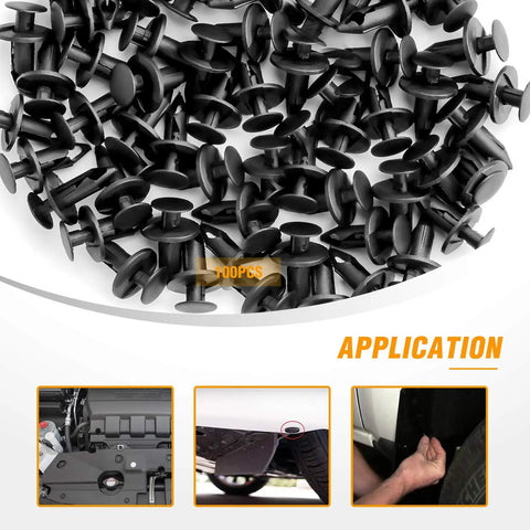 Solid Nylon Bumper Fastener Clips 100 Piece Set shown in a pile, ideal for quick auto body panel installations.