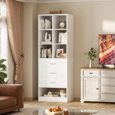 White Closet System Organizer With 6 Cube Compartments And 3 Drawers Freestanding Wardrobe Module With Shoe Shelf in living room corner.