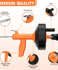 Heavy Duty Auto Feed Drain Snake With Drill Attachment, 25 Foot Flexible Steel, showing handle and knobs for easy operation.