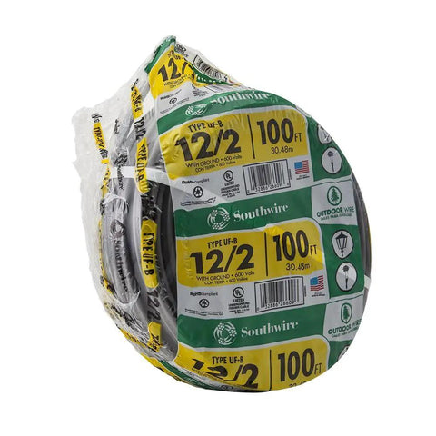 12 2 UF B Wire With Ground Direct Burial Outdoor Electrical Wire 100 Ft Gray Solid Copper For Outdoor Lighting Pumps Sheds Underground Installations 600V Rated Weatherproof Cable