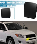 Front Tow Hook Cover Set For Toyota RAV4 2009 2010 2011 2012 Direct Fit Front Left And Right Bright Black Replacement OE 53285-0R020 shown on car.