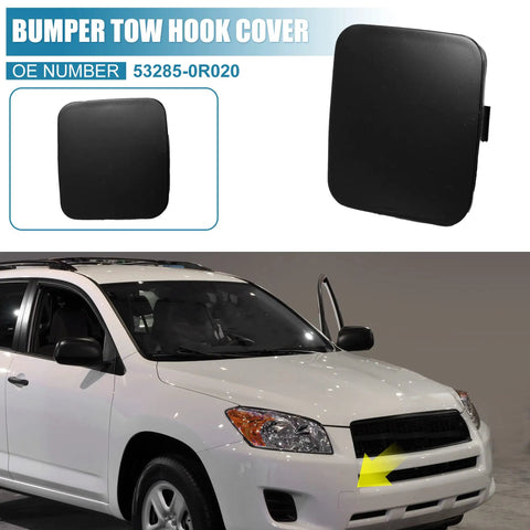 Front Tow Hook Cover Set For Toyota RAV4 2009 2010 2011 2012 Direct Fit Front Left And Right Bright Black Replacement OE 53285-0R020 shown on car.