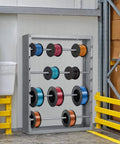 Wall Mounted Wire Spool Rack With Four Adjustable Rods, Heavy Duty Cold Rolled Steel Cable Dispenser in industrial setting