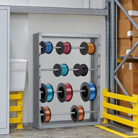 Wall Mounted Wire Spool Rack With Four Adjustable Rods, Heavy Duty Cold Rolled Steel Cable Dispenser in industrial setting
