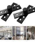Two Pack 360 Degree Concealed Door Hinge Set In Black Stainless Steel Pivot Hinge For In Wall TV Swivel And Camper Playscape Doors Up Down Mounting Brushed Finish Durable Corrosion Resistant Easy Install High Strength, showing black brushed hinges and installation examples