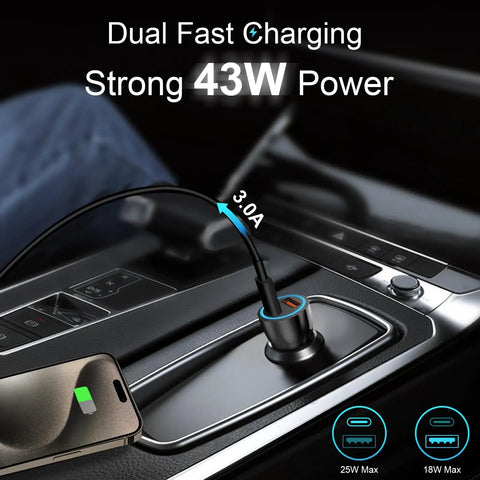 Boss 43W USB C Car Charger With Three Point Three Ft Type C To C Cable in car charging iPhone, showing dual fast charging ports.