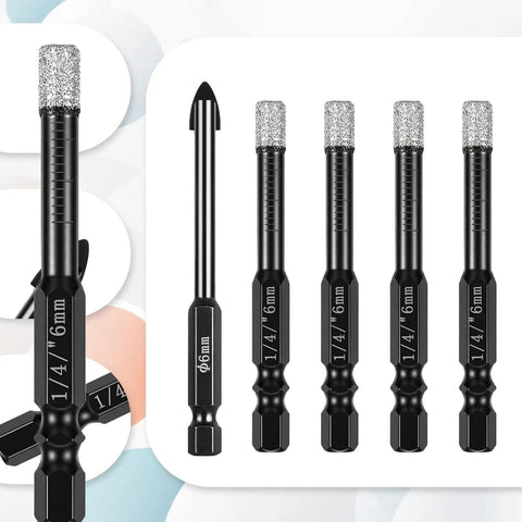 Five Piece Diamond Drill Bit Set With 1/4 Inch Hex Shank Vacuum Brazed Core Bits And 6mm Hole Saw For Glass Ceramic Porcelain Tiles Marble Granite Clean Precise Cuts For Home Renovation Projects shown upright