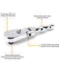 Three Eighths Inch Drive Stubby Teardrop Ratchet With Flexible Head 84-Tooth Five Inch Handle For Tight Spots Chrome Finish
