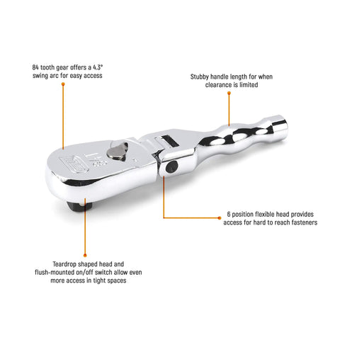 Three Eighths Inch Drive Stubby Teardrop Ratchet With Flexible Head 84-Tooth Five Inch Handle For Tight Spots Chrome Finish