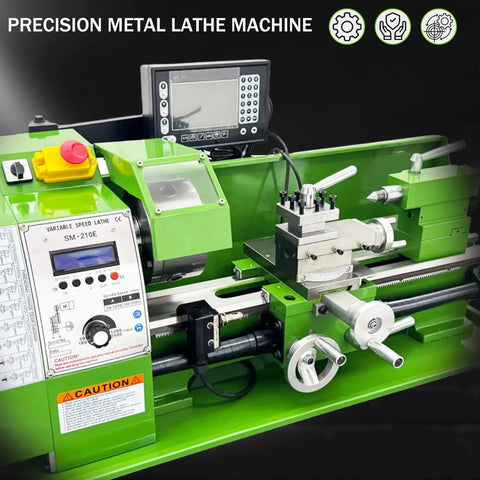 Precision Metal Lathe Benchtop Mini Machine With Electronic Gear Change And Digital Readout, detailed view of control panel and components.