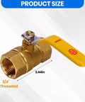 Heavy Duty Full Port Brass Ball Valve 3/4 Inch Threaded Pipe Fitting For Water Air Oil And Gas Built Tough As Nails Corrosion Resistant Workhorse For No Fuss Operation Single Pack with yellow handle and size details.